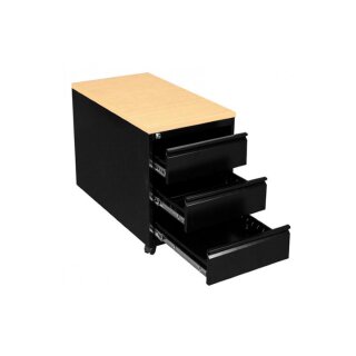 Rollcontainer mit Holzabdeckung, 1 Schublade / 1 Hängeregistraturschublade, 80 cm tief, schwarz / Ahorn-Dekor