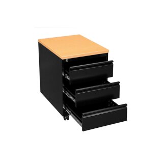Rollcontainer mit Holzabdeckung, 3 Schubladen, 60 cm tief, schwarz / Buche-Dekor