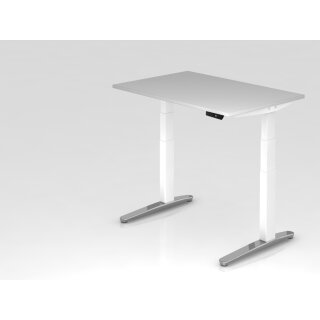 Steh-Sitz-Schreibtisch "Pro" - 120 x 80 cm, Dekor grau, Gestell weiß/alu poliert