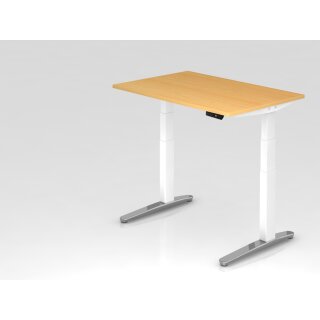 Steh-Sitz-Schreibtisch "Pro" - 120 x 80 cm, Dekor buche, Gestell weiß/alu poliert